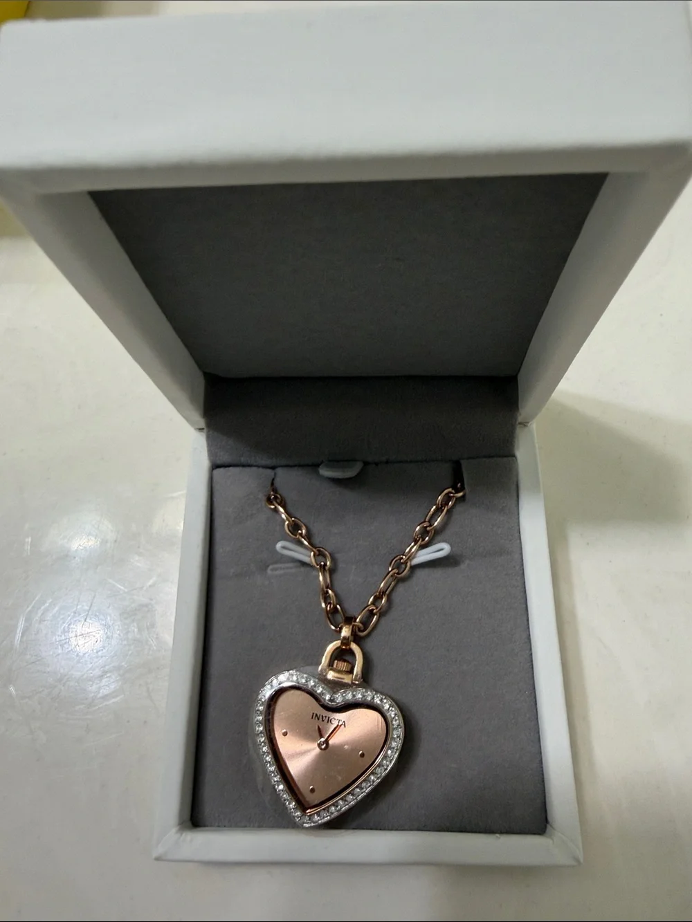 Invicta Rose Gold Heart Watch Pendant Necklace with Crystal Halo